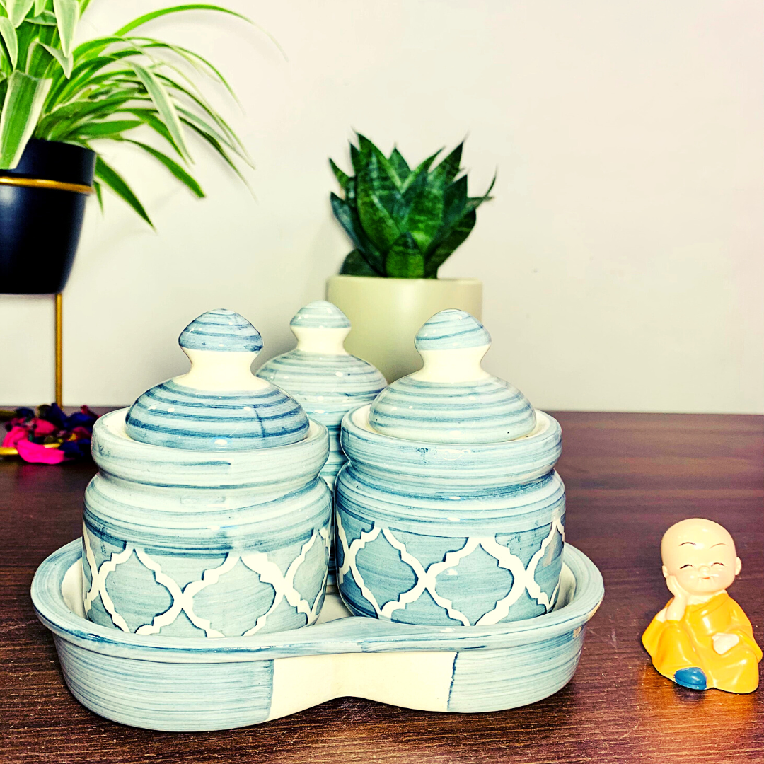 Homefrills Handcrafted Multi-Utility Storage Ceramic Jars & Containers with Lid & Tray for Kitchen & Dinning Table Snacks/Chutney/Pickle Serving jar set(3 jars with Lid & 1 Tray) Colour-Grey
